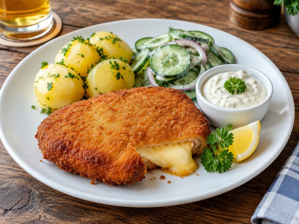 Holandský řízek, okurkový salát, brambor, tatarská omáčka